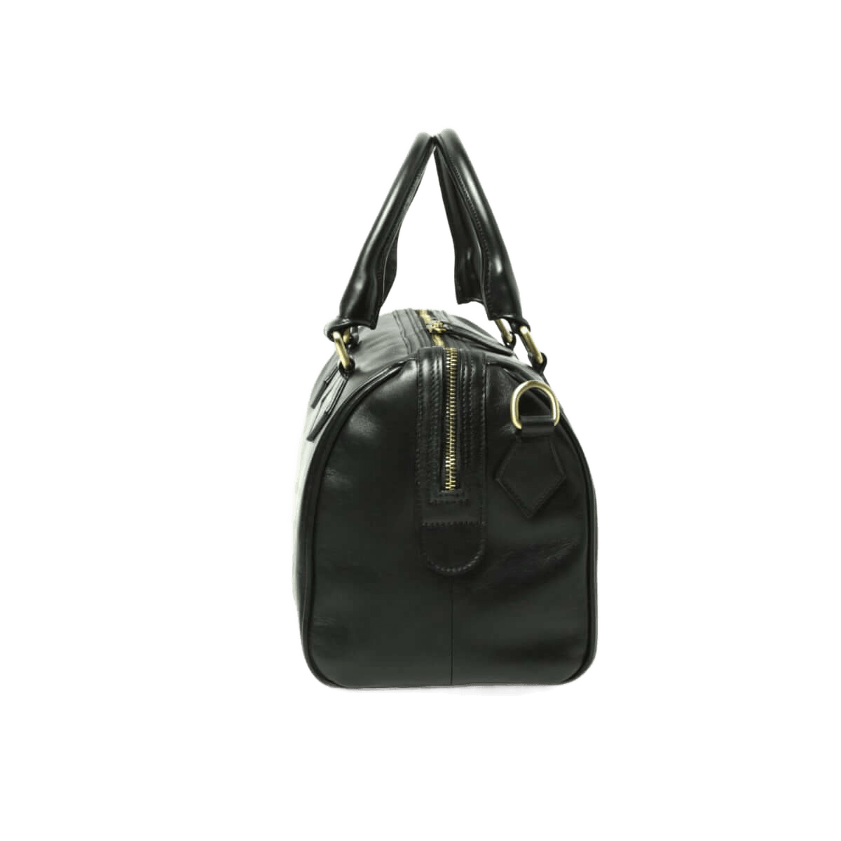 Borsa bauletto in pelle nera vista posteriore, manici e zip centrale.