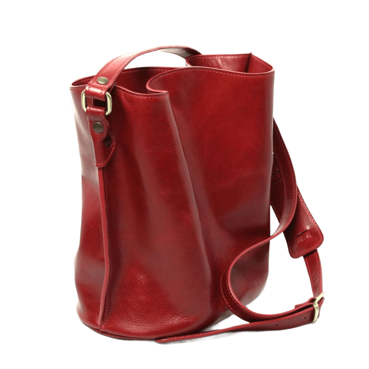 Borsa a secchiello rossa in pelle, con manico e tracolla regolabile