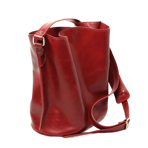 Borsa a secchiello rossa in pelle, con manico e tracolla regolabile