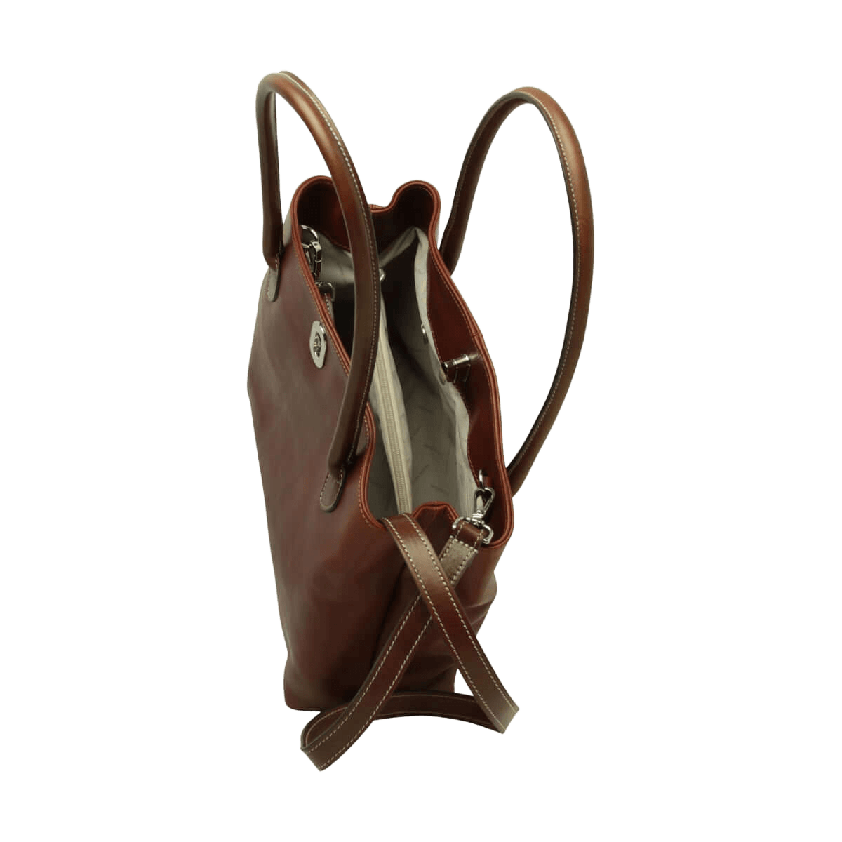 Borsa in pelle bicolore marrone teak vista laterale con tasca esterna