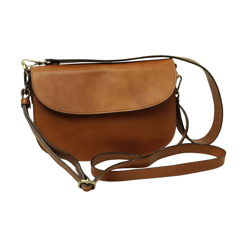 Borsa a tracolla in vitello marrone con tracolla lunga e chiusura a pattina