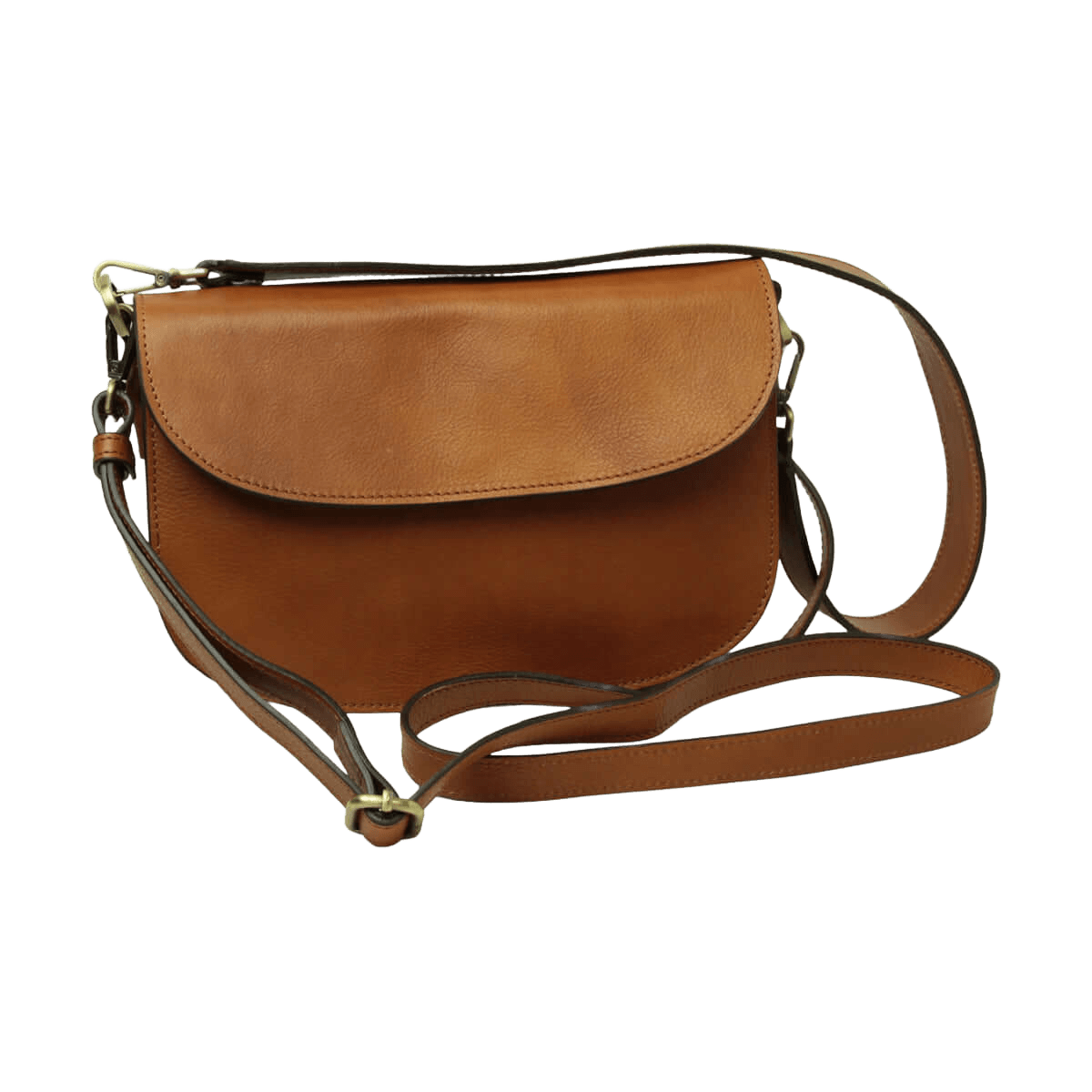 Borsa a tracolla in vitello marrone con tracolla lunga e chiusura a pattina
