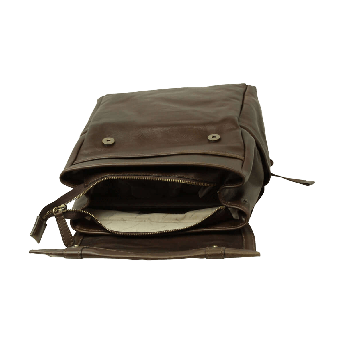 Zaino in pelle marrone scuro con zip superiore e tasca interna visibile