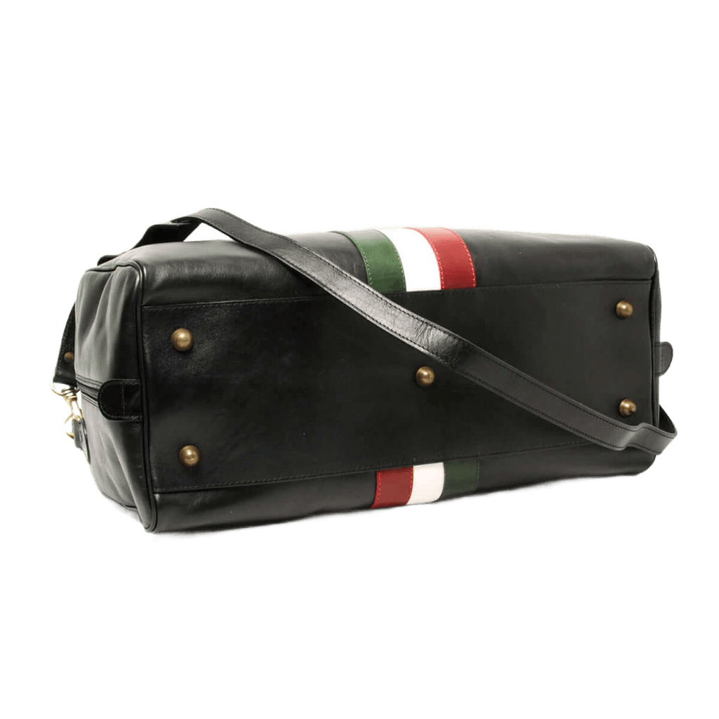 Borsa da viaggio nera in pelle con tracolla, fibbie dorate e fascia tricolore