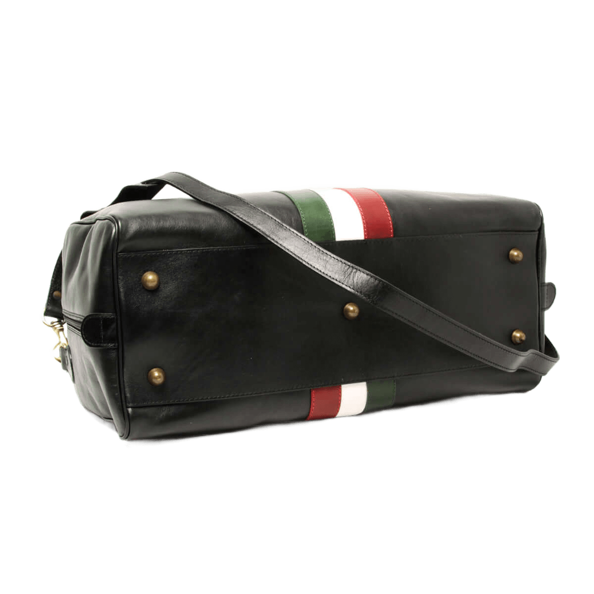 Borsa da viaggio nera in pelle con tracolla, fibbie dorate e fascia tricolore
