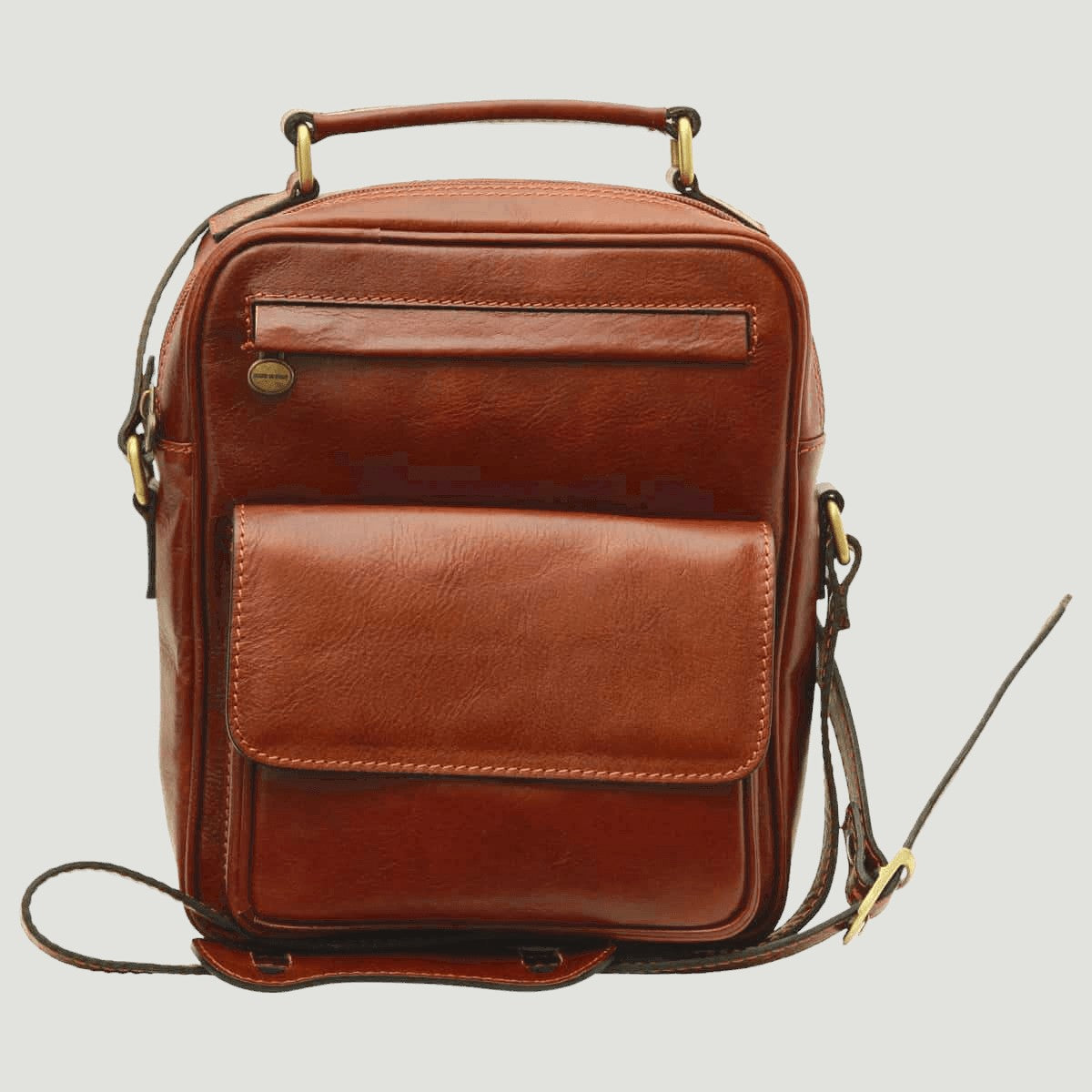 Borsa a tracolla in pelle marrone con tasca frontale e maniglia superiore