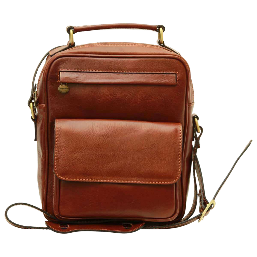 Borsa a tracolla marrone in pelle con tasca frontale e manici superiori