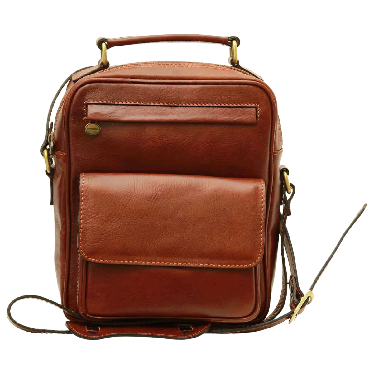 Borsa a tracolla marrone in pelle con tasca frontale e manici superiori