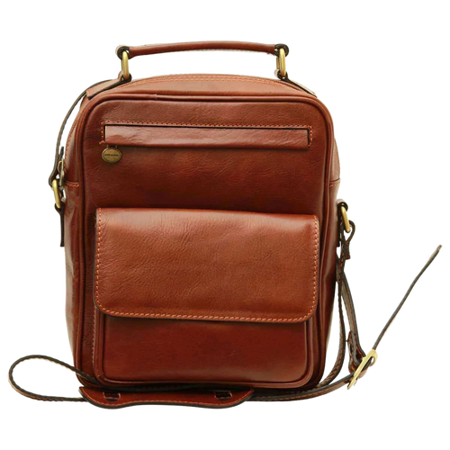 Borsa a tracolla marrone in pelle con tasca frontale e manici superiori