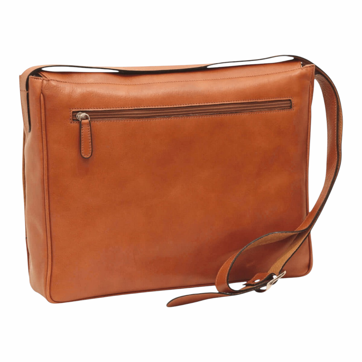 Borsa messenger in pelle marrone con tasca frontale con zip e tracolla
