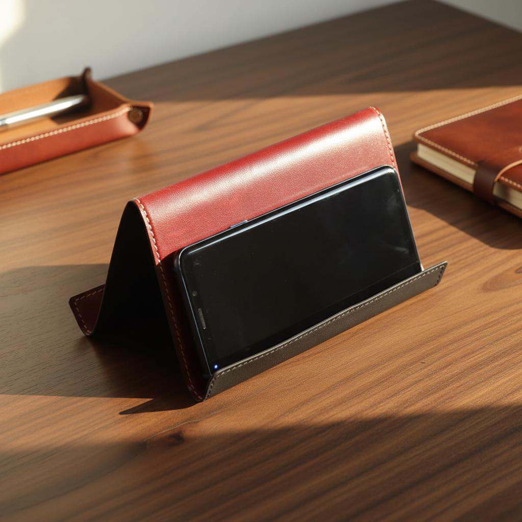 Supporto per iPad e iPhone in pelle rossa con apertura frontale e base grigia