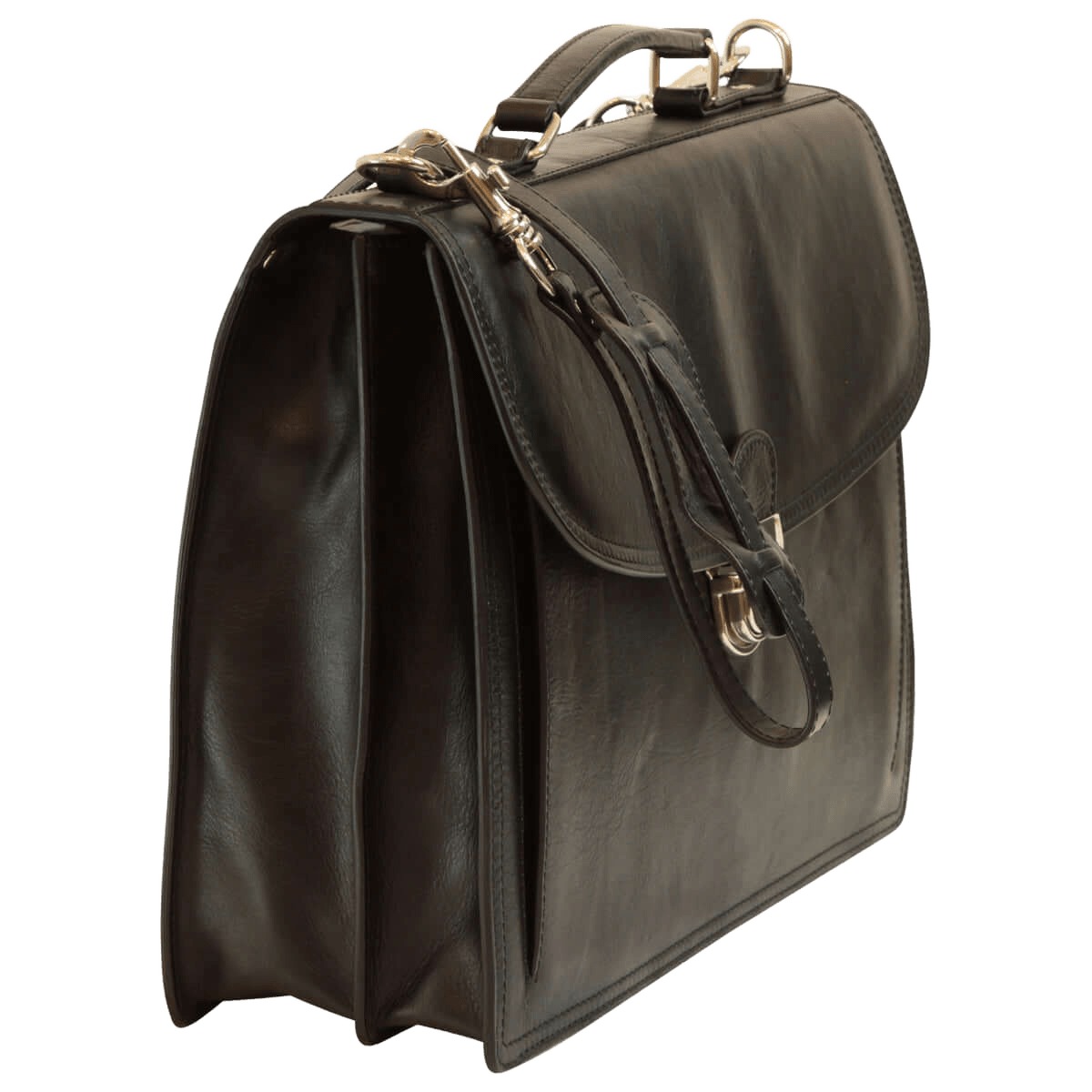 Borsa in pelle nera da uomo con tracolla in pelle e maniglia superiore metallica.