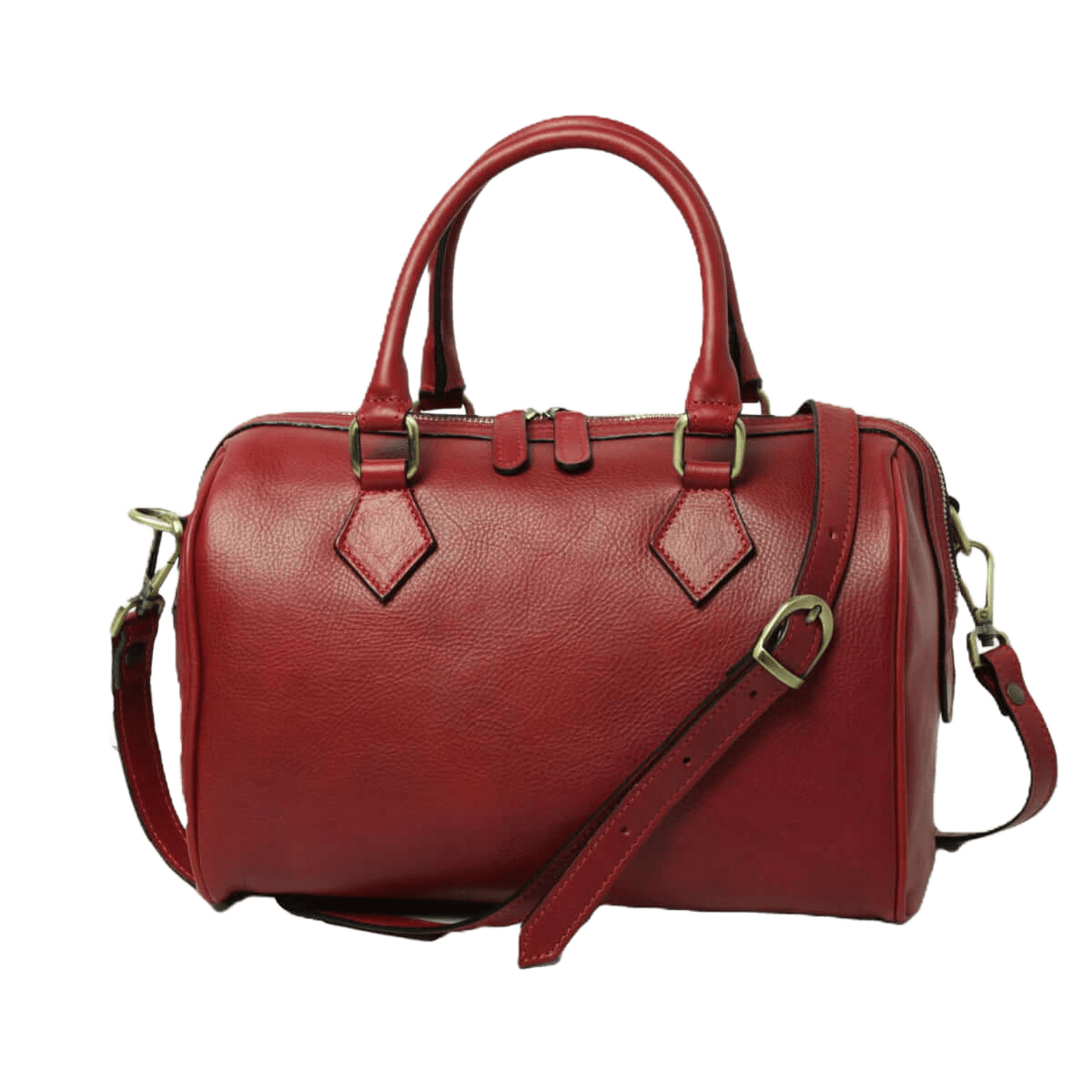 Bauletto in pelle rossa con due manici e tracolla, dettagli a fibbia metallica.