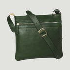 Borsa a tracolla in pelle verde con zip frontale e fibbia sulla tracolla