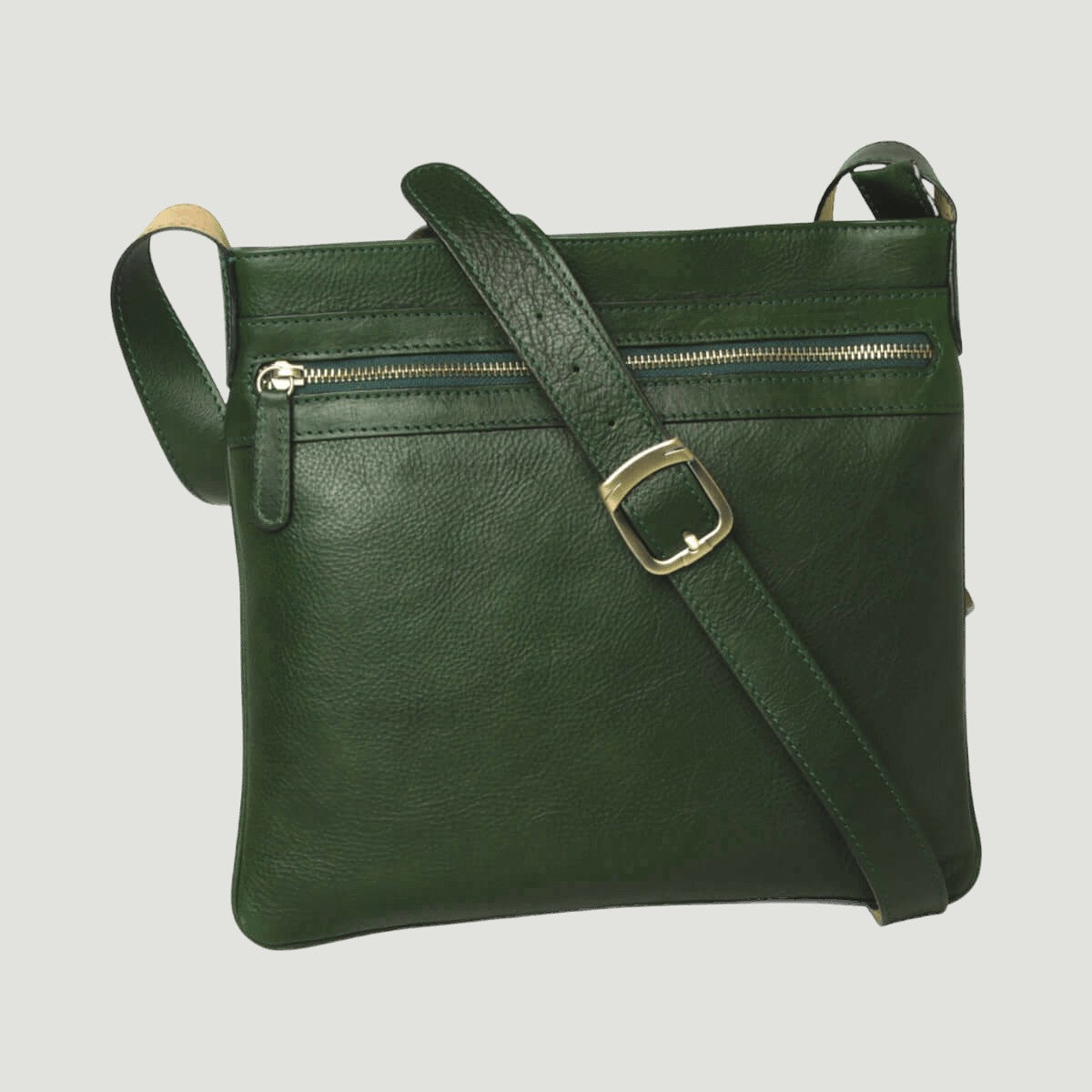 Borsa a tracolla in pelle verde con zip frontale e fibbia sulla tracolla