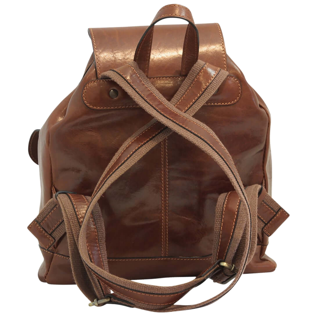 Zaino in pelle marrone con tracolla e chiusura frontale con fibbie
