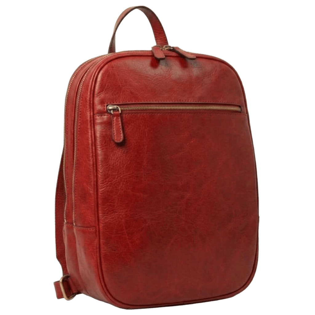 Zaino in pelle rossa con zip anteriore e tracolla regolabile