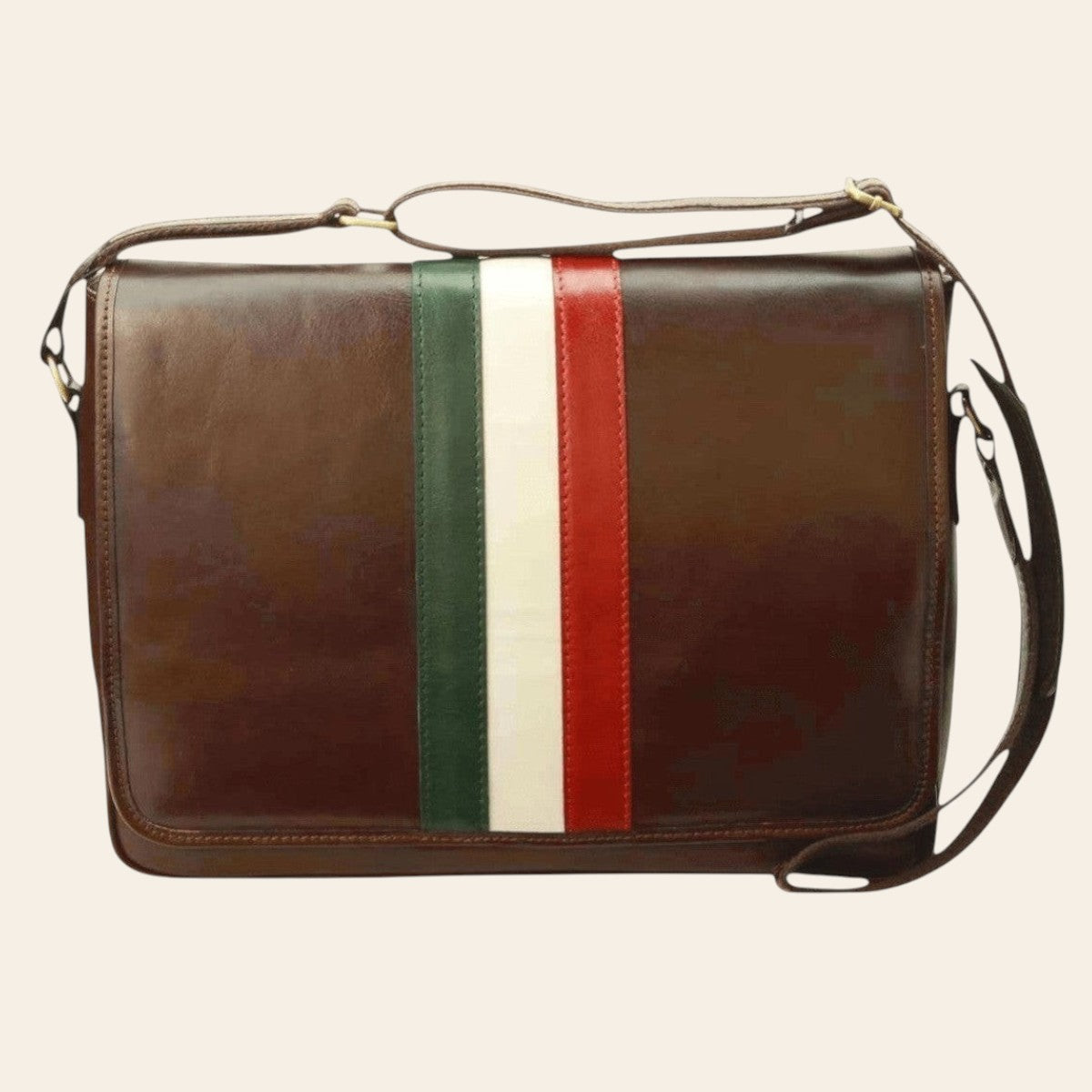 Borsa messenger in pelle marrone con tracolla e fascia verde-bianco-rosso centrale