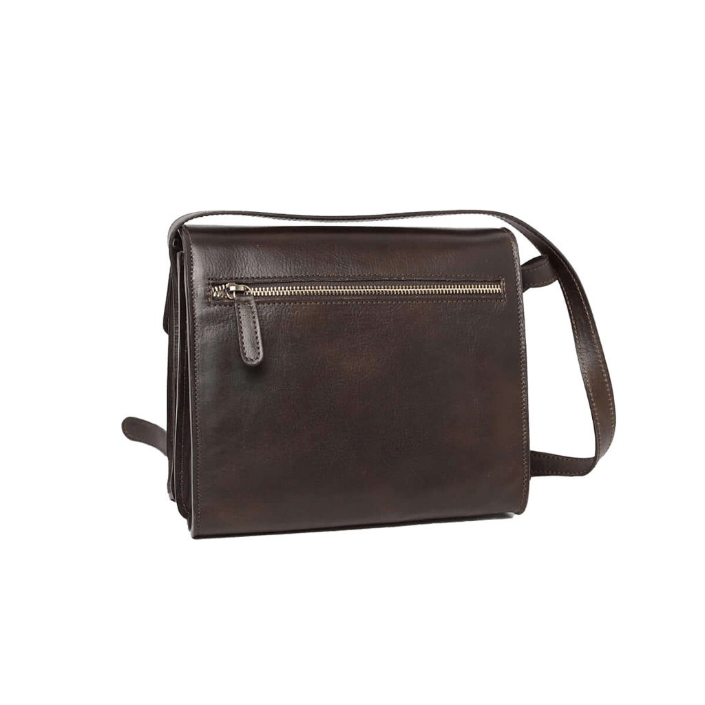 Borsa a tracolla in pelle testa di moro con zip frontale e tracolla
