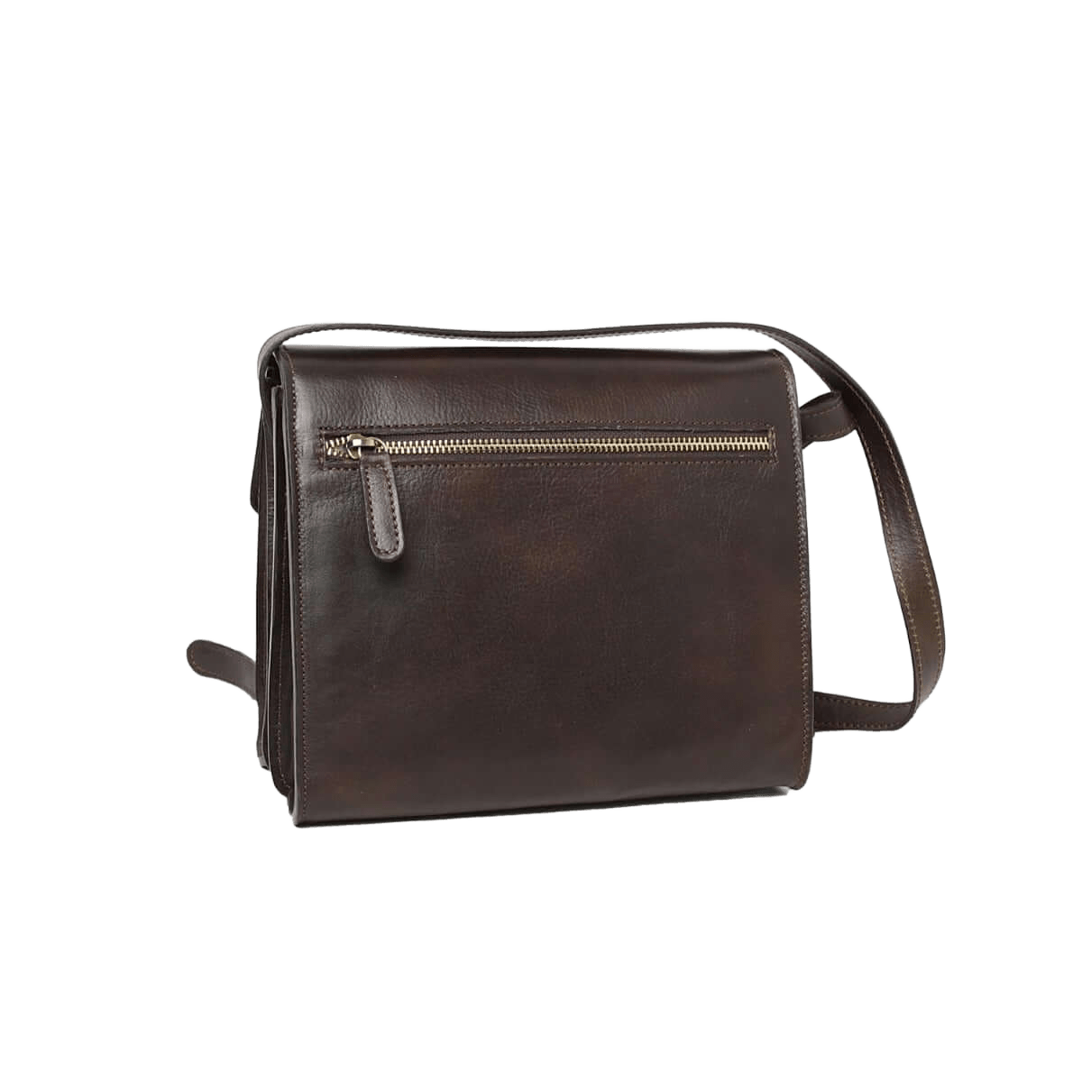 Borsa a tracolla in pelle testa di moro con zip frontale e tracolla