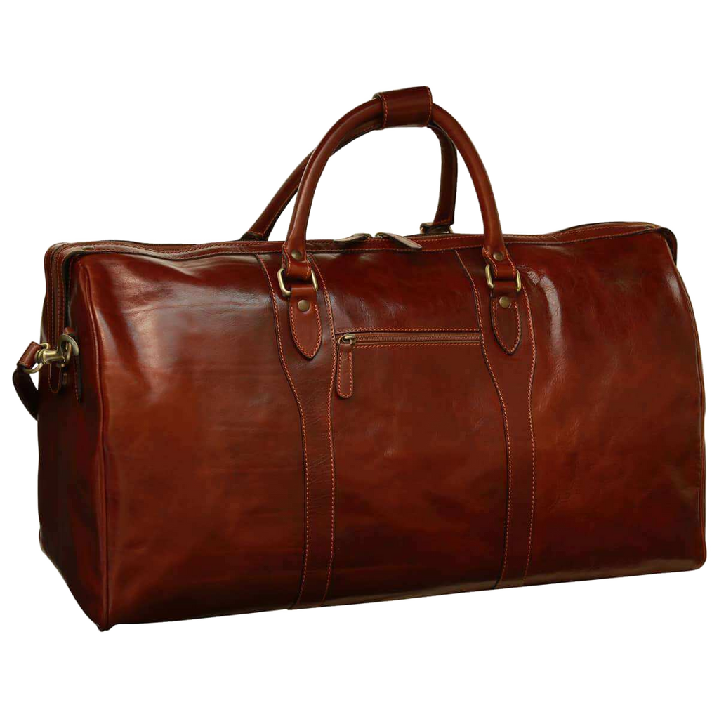 Borsa da viaggio weekend marrone in pelle, manici superiori e tasca frontale