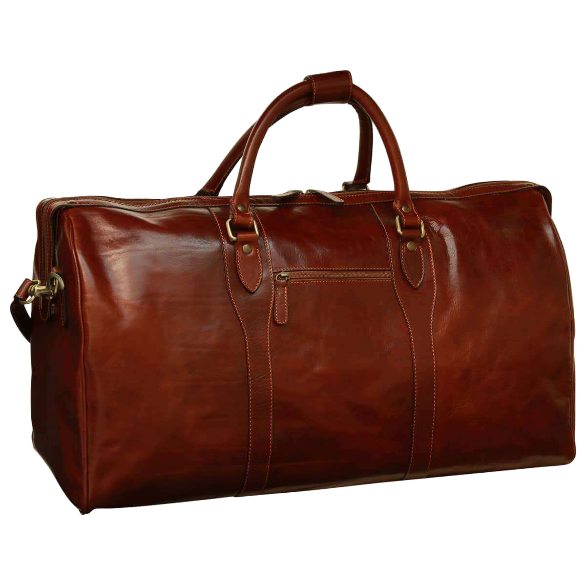 Borsa da viaggio weekend marrone in pelle, manici superiori e tasca frontale