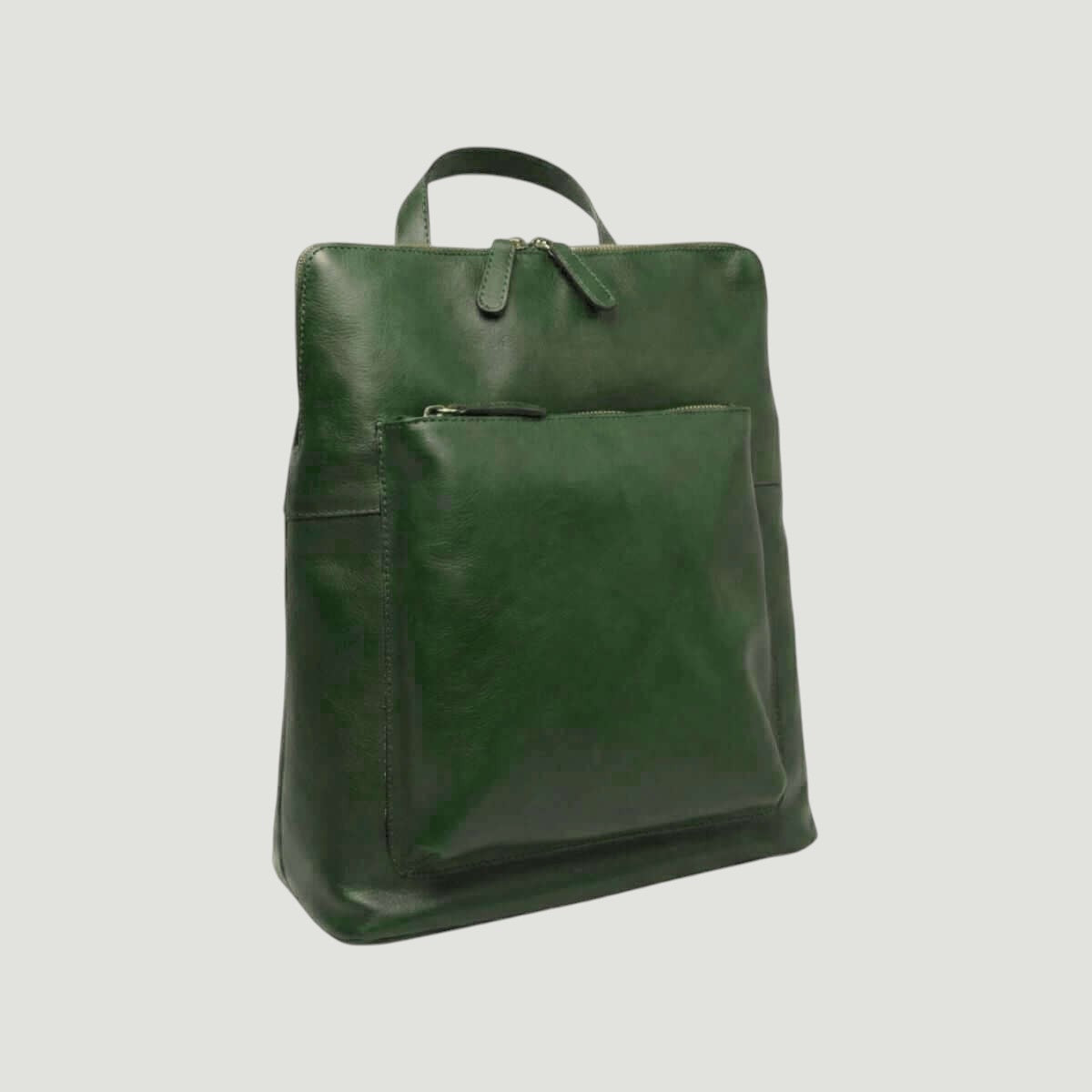 Zaino in pelle verde con zip superiore e tasca frontale