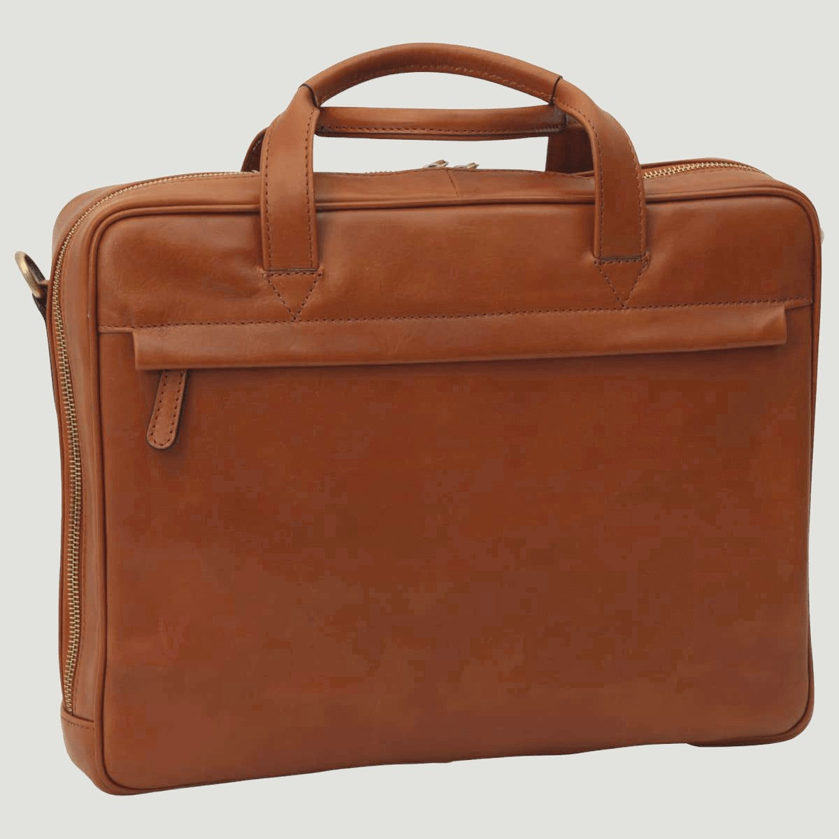 Borsa cartella in pelle marrone con manici e chiusura a zip.