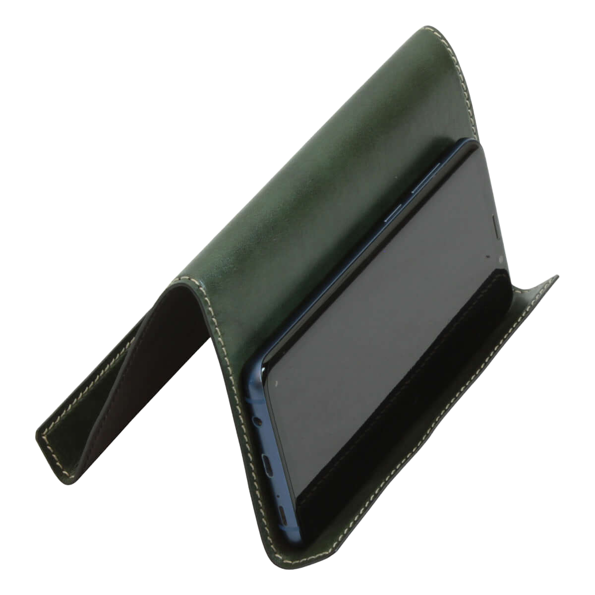 Supporto in pelle verde per iPad e iPhone, vista laterale con dispositivo inclinato