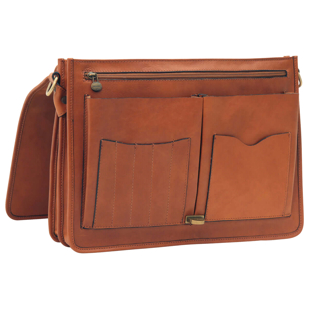 Cartella in vacchetta marrone con pannello posteriore e tasche multi-scomparto