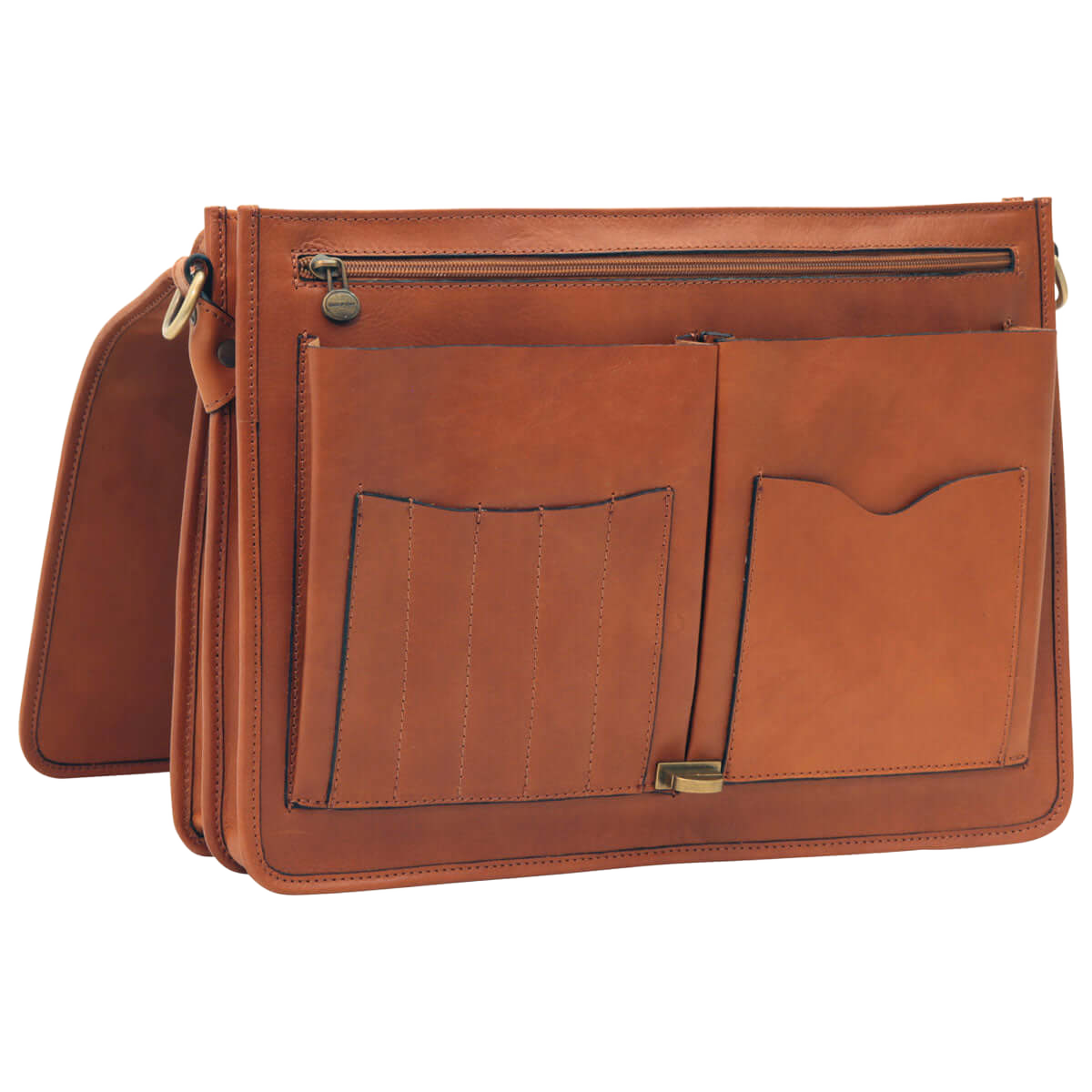 Cartella in vacchetta marrone con pannello posteriore e tasche multi-scomparto