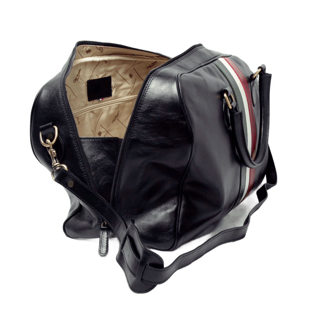 Borsa da viaggio nera in pelle con apertura e fodera interna beige, fascia tricolore