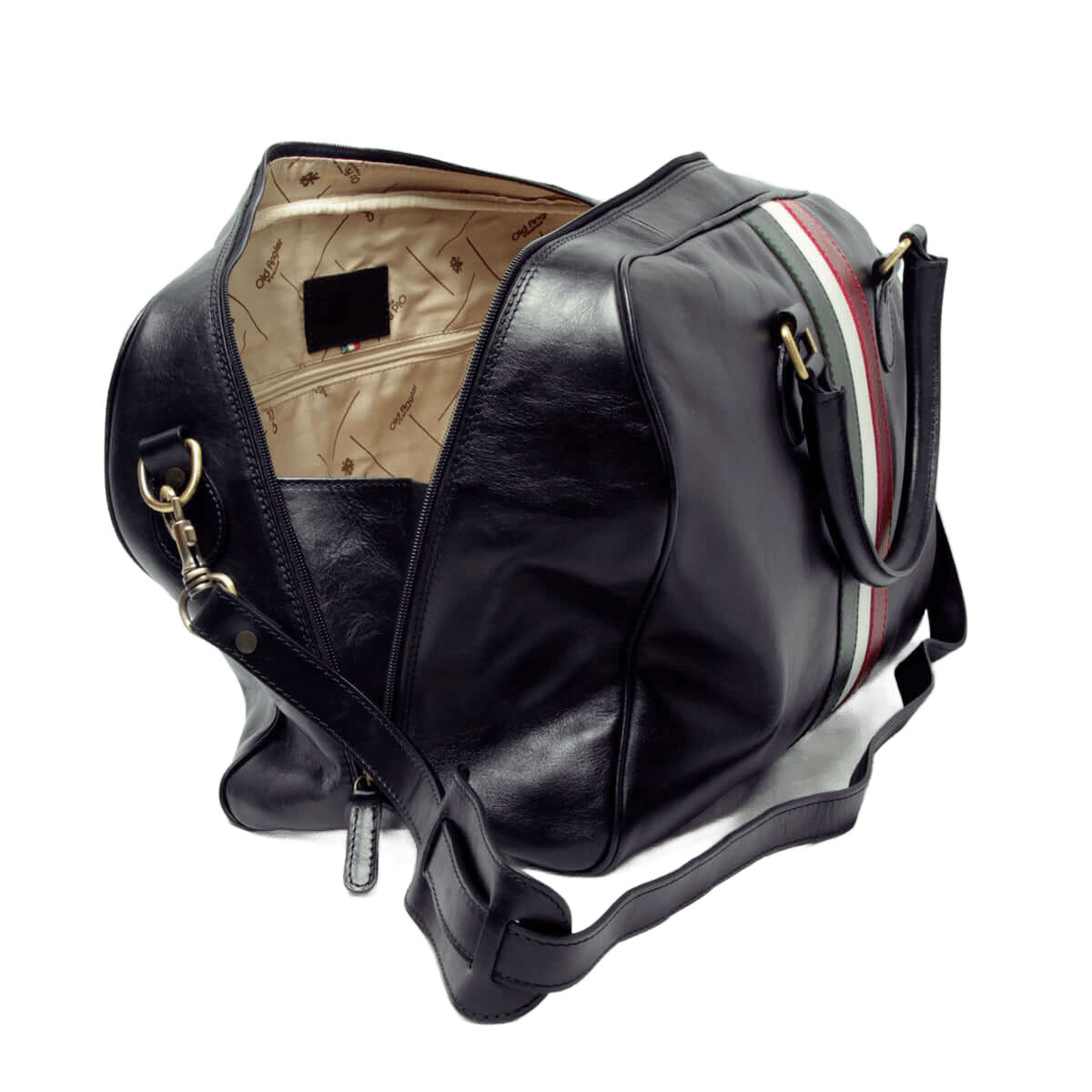 Borsa da viaggio nera in pelle con apertura e fodera interna beige, fascia tricolore