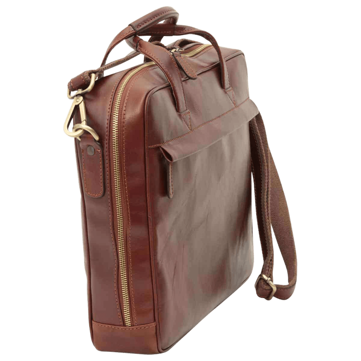 Cartella in pelle marrone con tasca frontale con zip e tracolla regolabile.