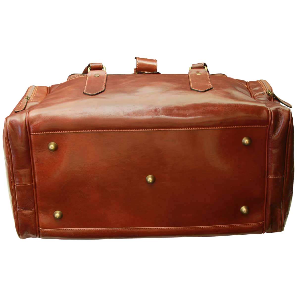 Borsa da viaggio in pelle pieno fiore marrone scuro, base con borchie e chiusure a bottone