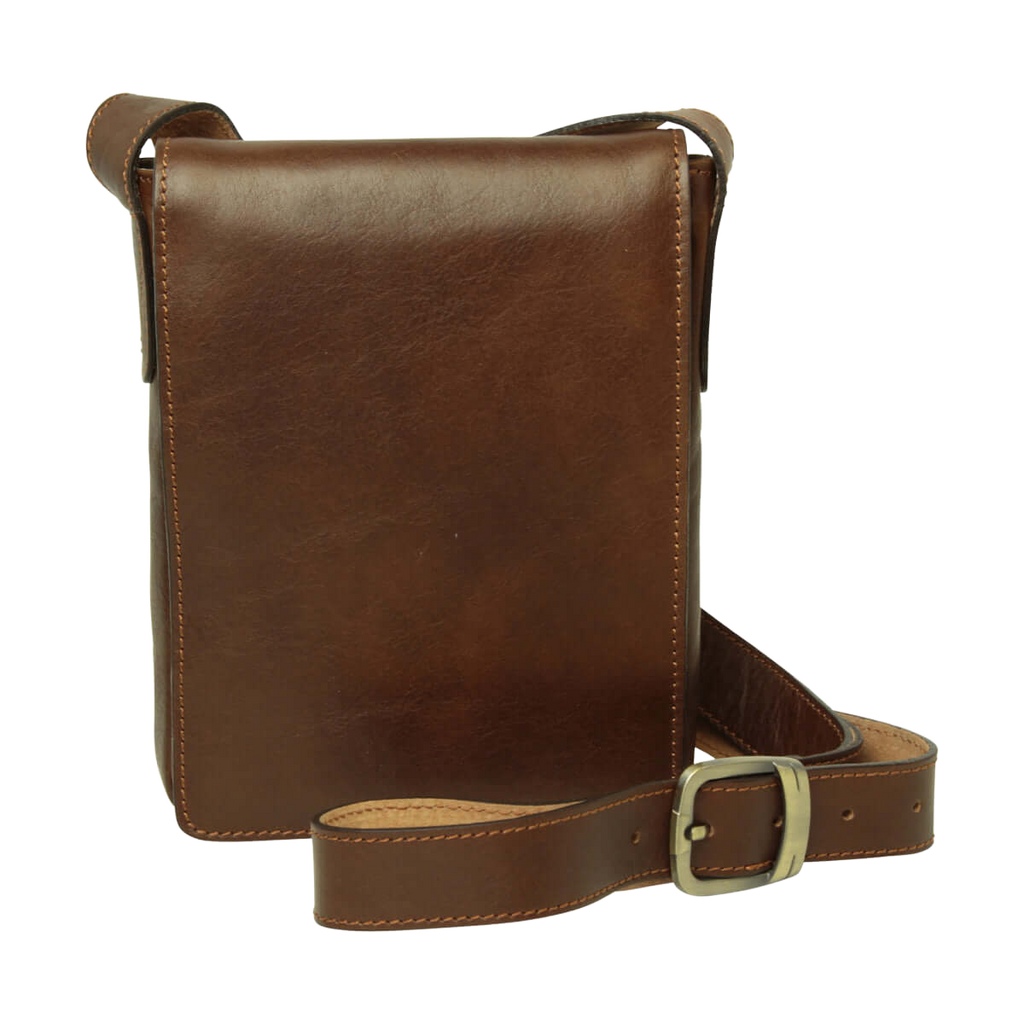 Borsa a tracolla in pelle castagna Old Angler con tracolla e fibbia