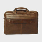 Borsa laptop in pelle castagna con tasca frontale imbottita e manico.