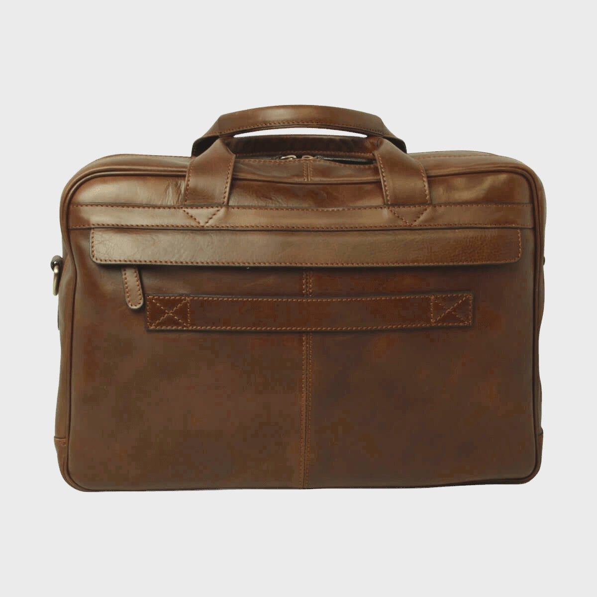 Borsa laptop in pelle castagna con tasca frontale imbottita e manico.