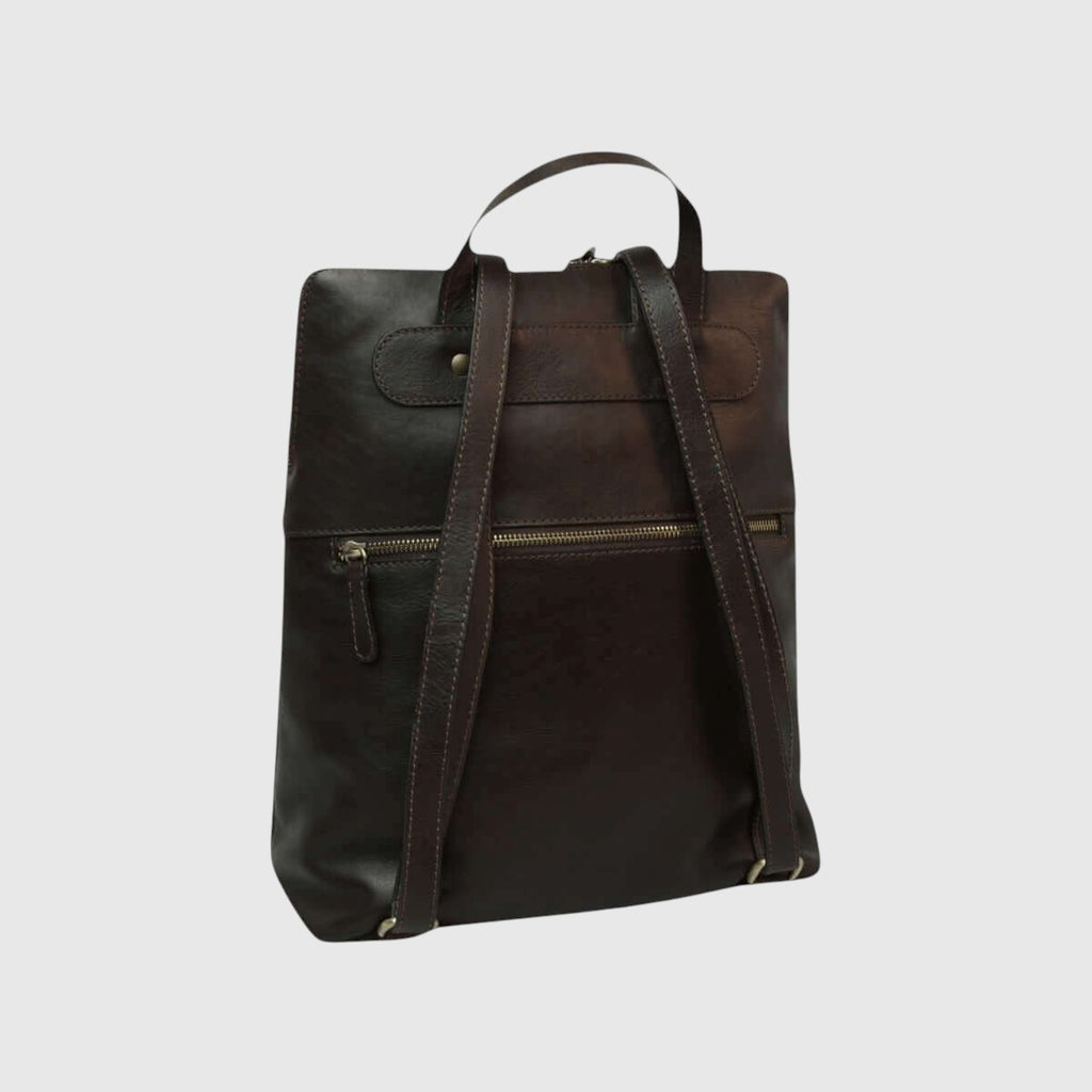 Zaino in pelle di vitello marrone scuro con zip frontale e cinghie regolabili
