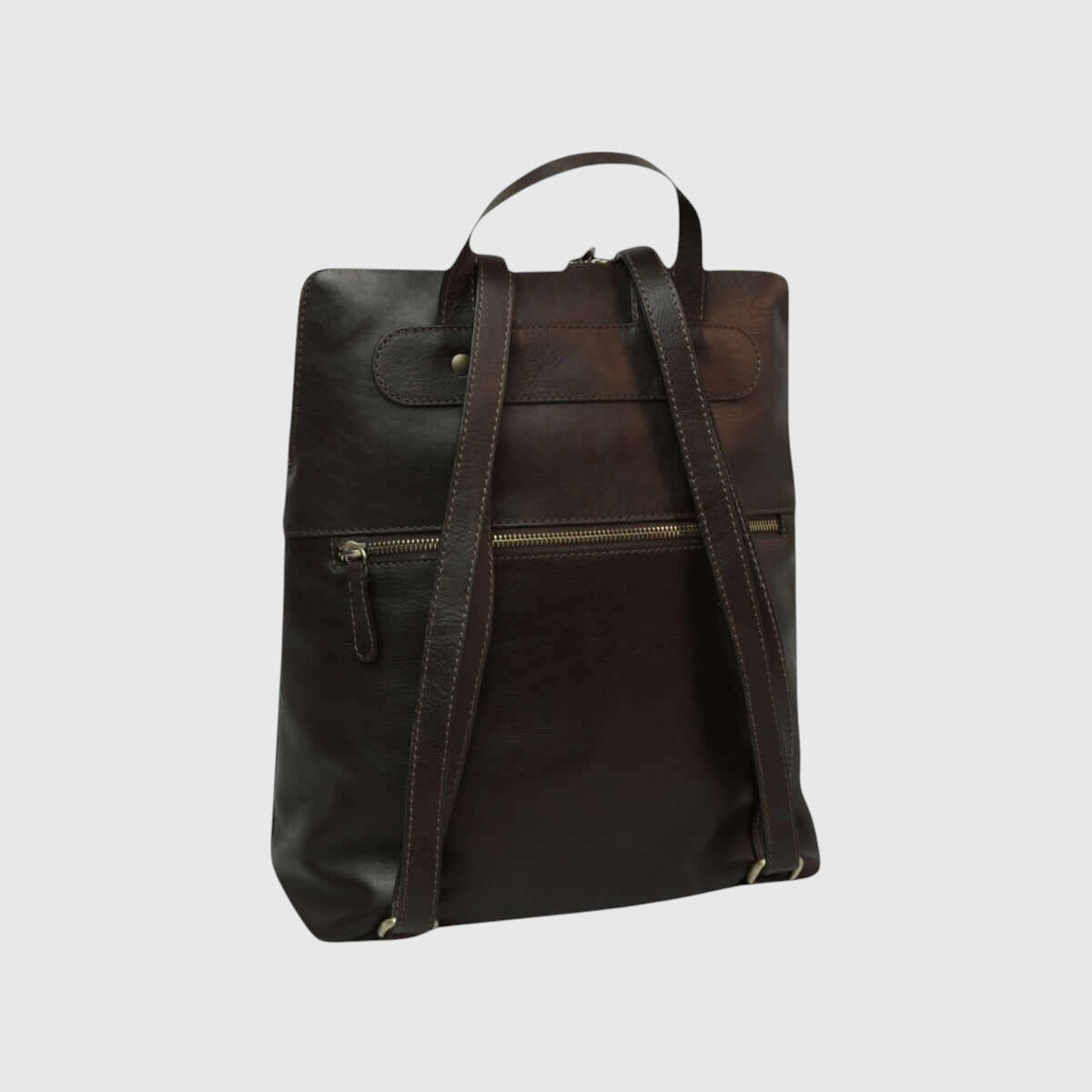 Zaino in pelle di vitello marrone scuro con zip frontale e cinghie regolabili