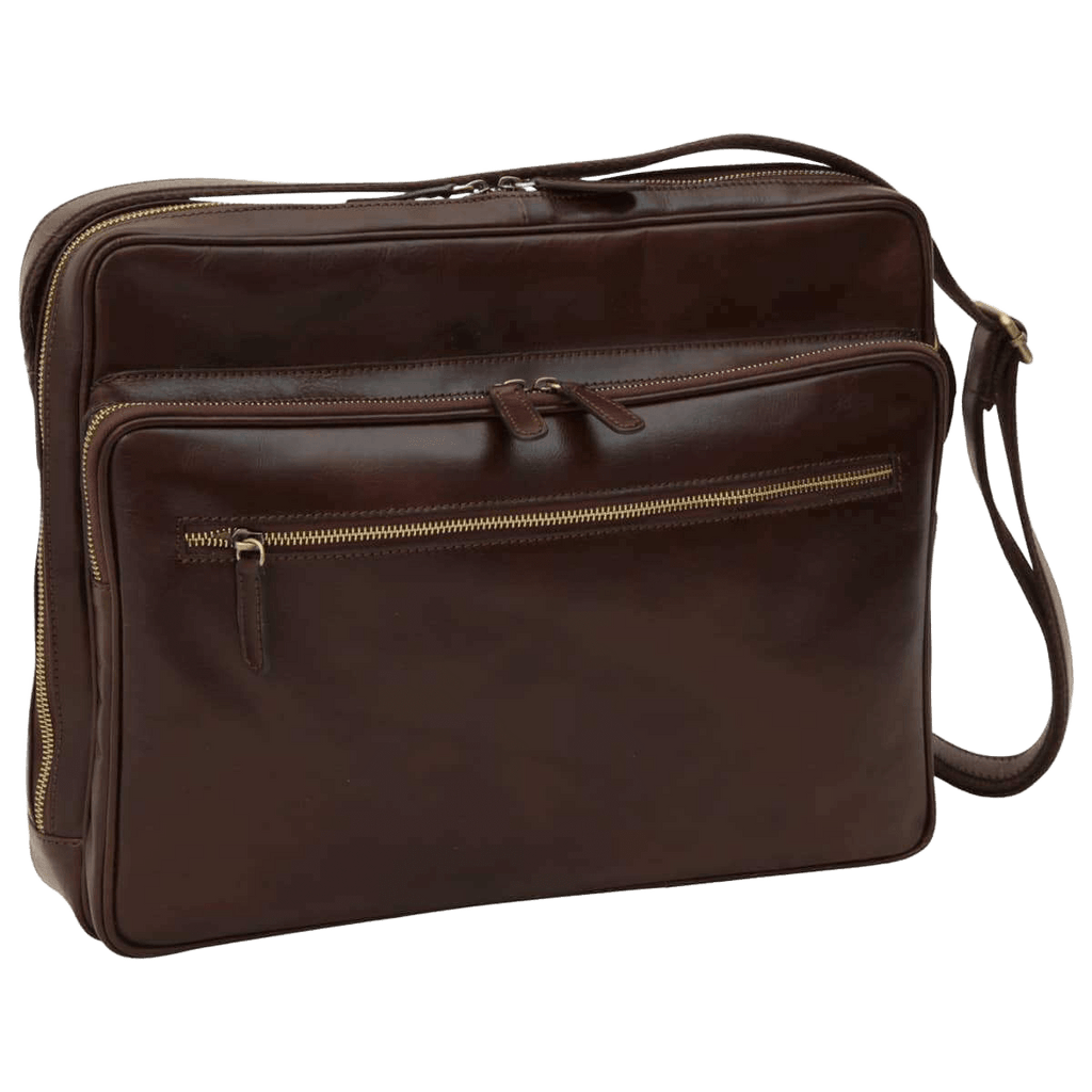 Borsa messenger in pelle marrone scuro grande con due zip e tracolla