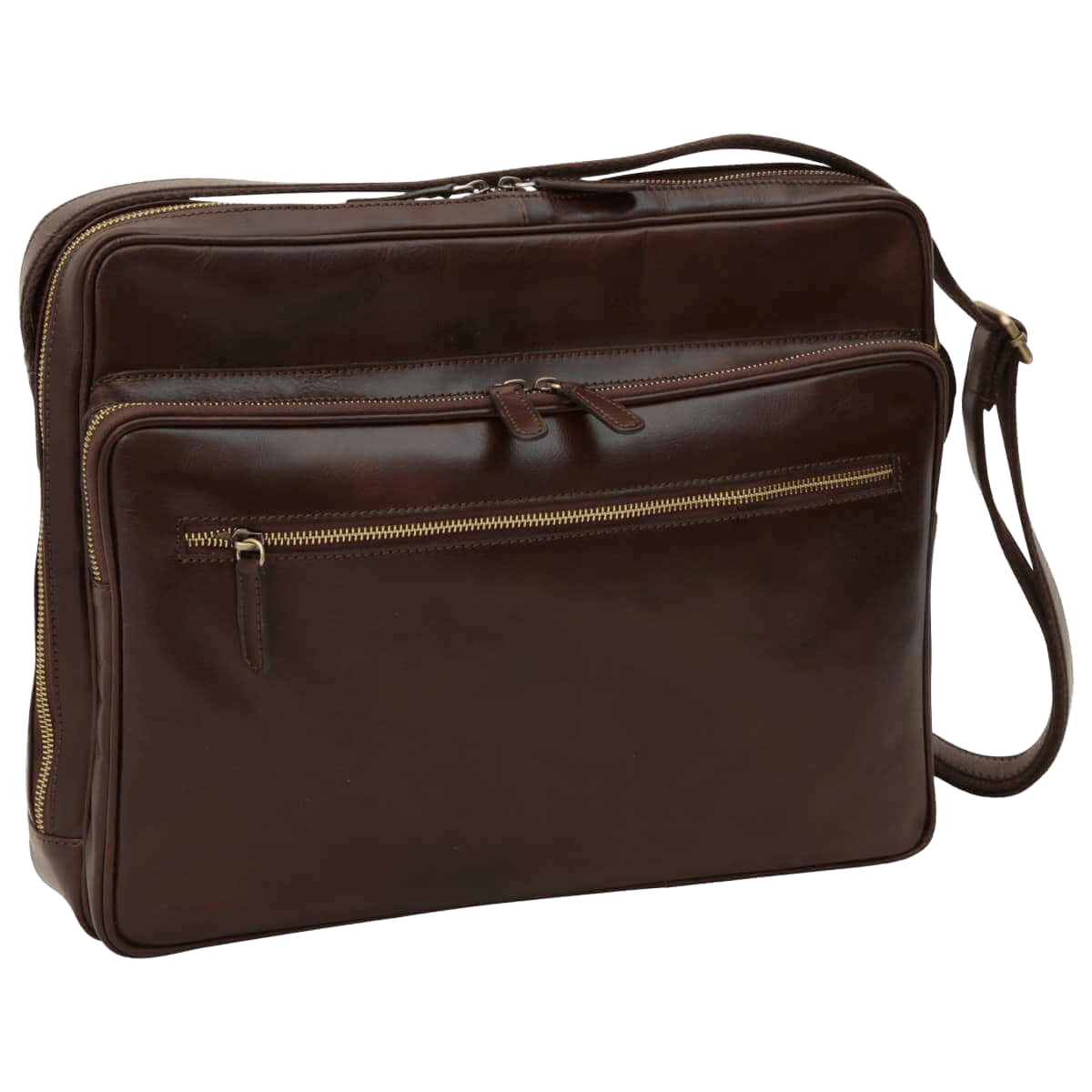 Borsa messenger in pelle marrone scuro grande con due zip e tracolla