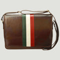 Borsa messenger in pelle marrone con tracolla e fascia verde-bianco-rosso centrale