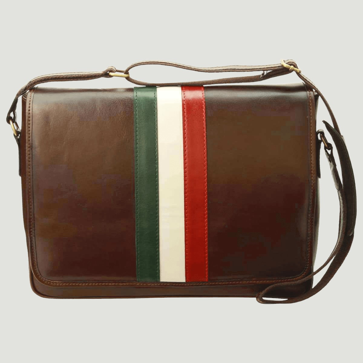 Borsa messenger in pelle marrone con tracolla e fascia verde-bianco-rosso centrale