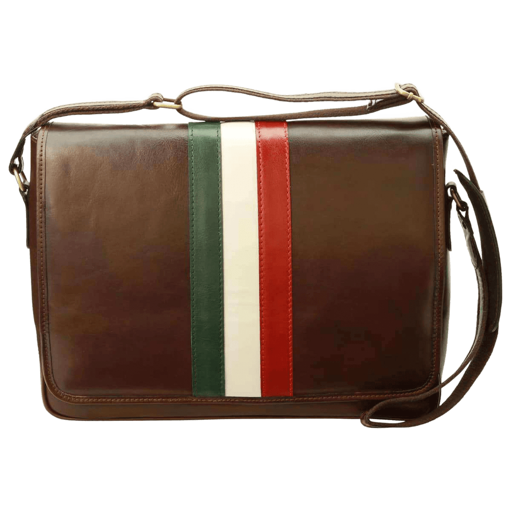 Borsa messenger in pelle marrone con tracolla e fascia tricolore su pattina