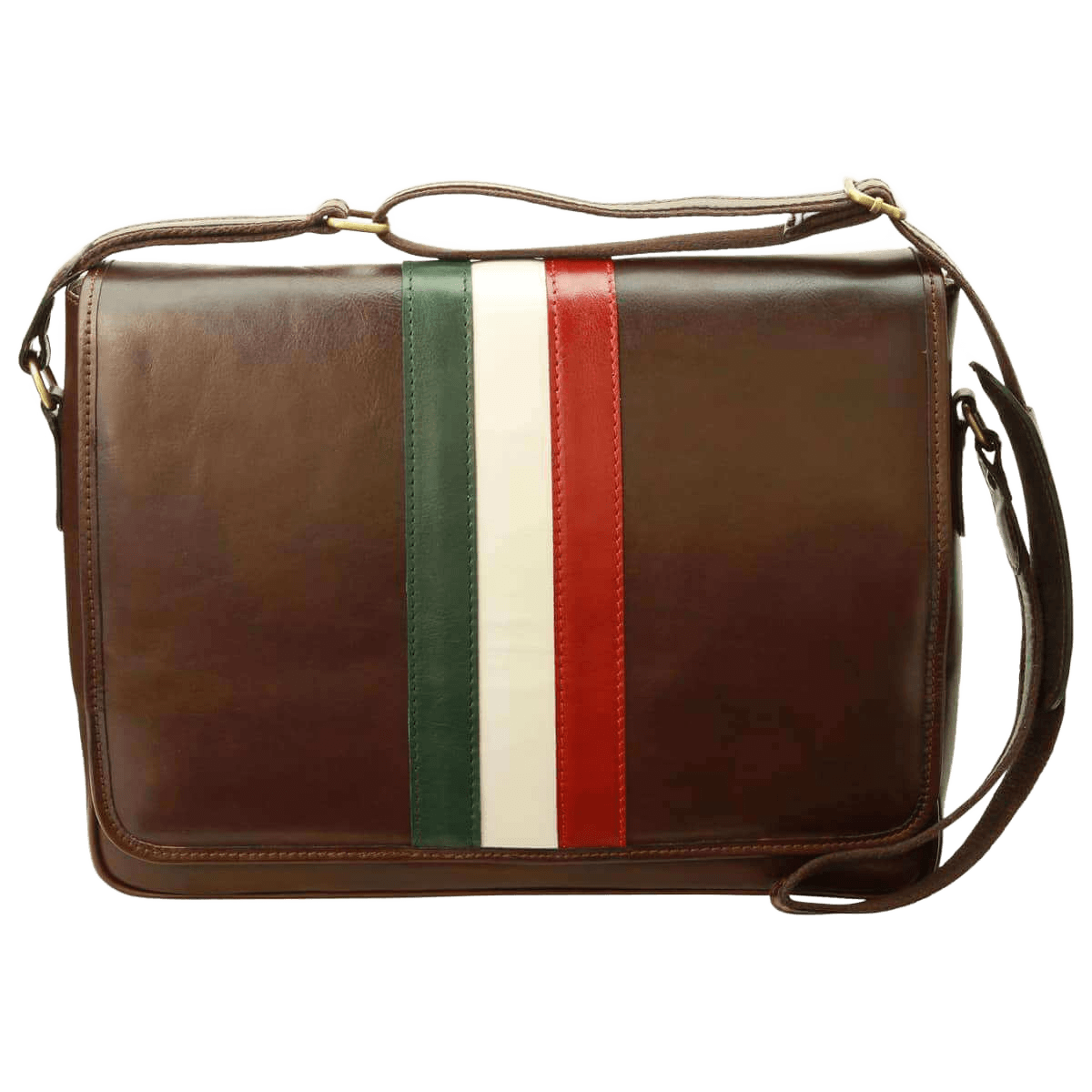 Borsa messenger in pelle marrone con tracolla e fascia tricolore su pattina