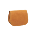 Borsa a tracolla in pelle ocra con pattina arrotondata e cuciture a vista