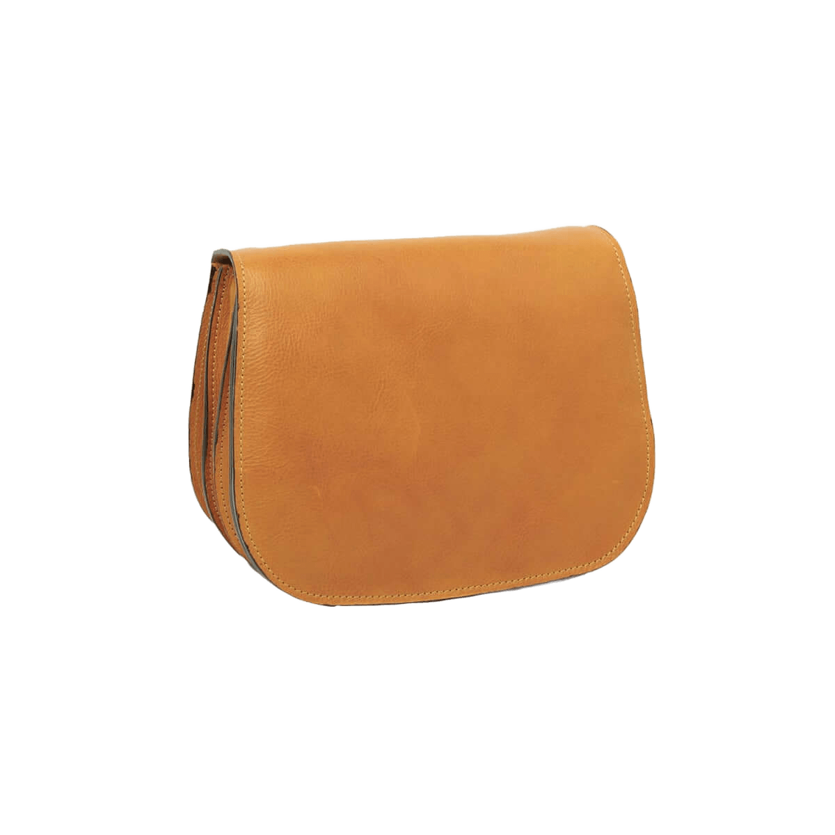 Borsa a tracolla in pelle ocra con pattina arrotondata e cuciture a vista