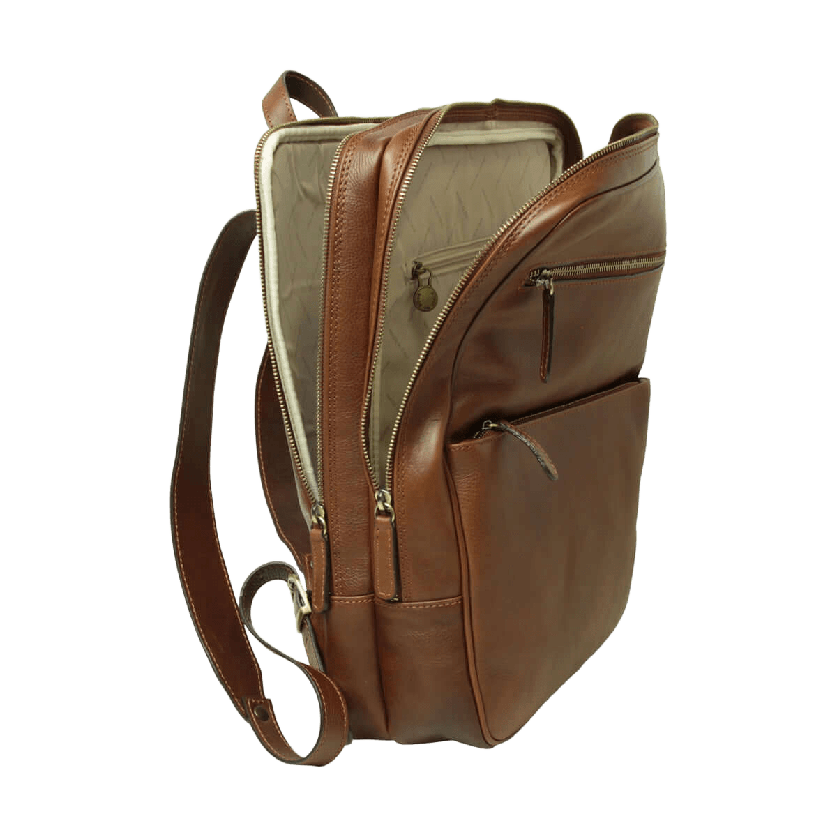 Zaino in pelle marrone con zip e interno chiaro visibile, tracolla laterale.
