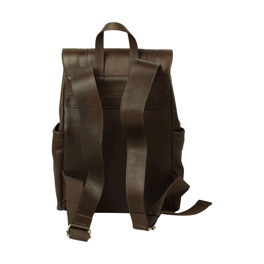 Zaino in pelle marrone scuro, schienale e spallacci regolabili, fascia trolley